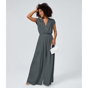 V Neck Short Sleeve Side Pocket Wide Leg Flowy Waffle Casual Jumpsuit